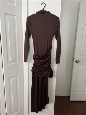 Long Sleeve Brown Ruched Dress